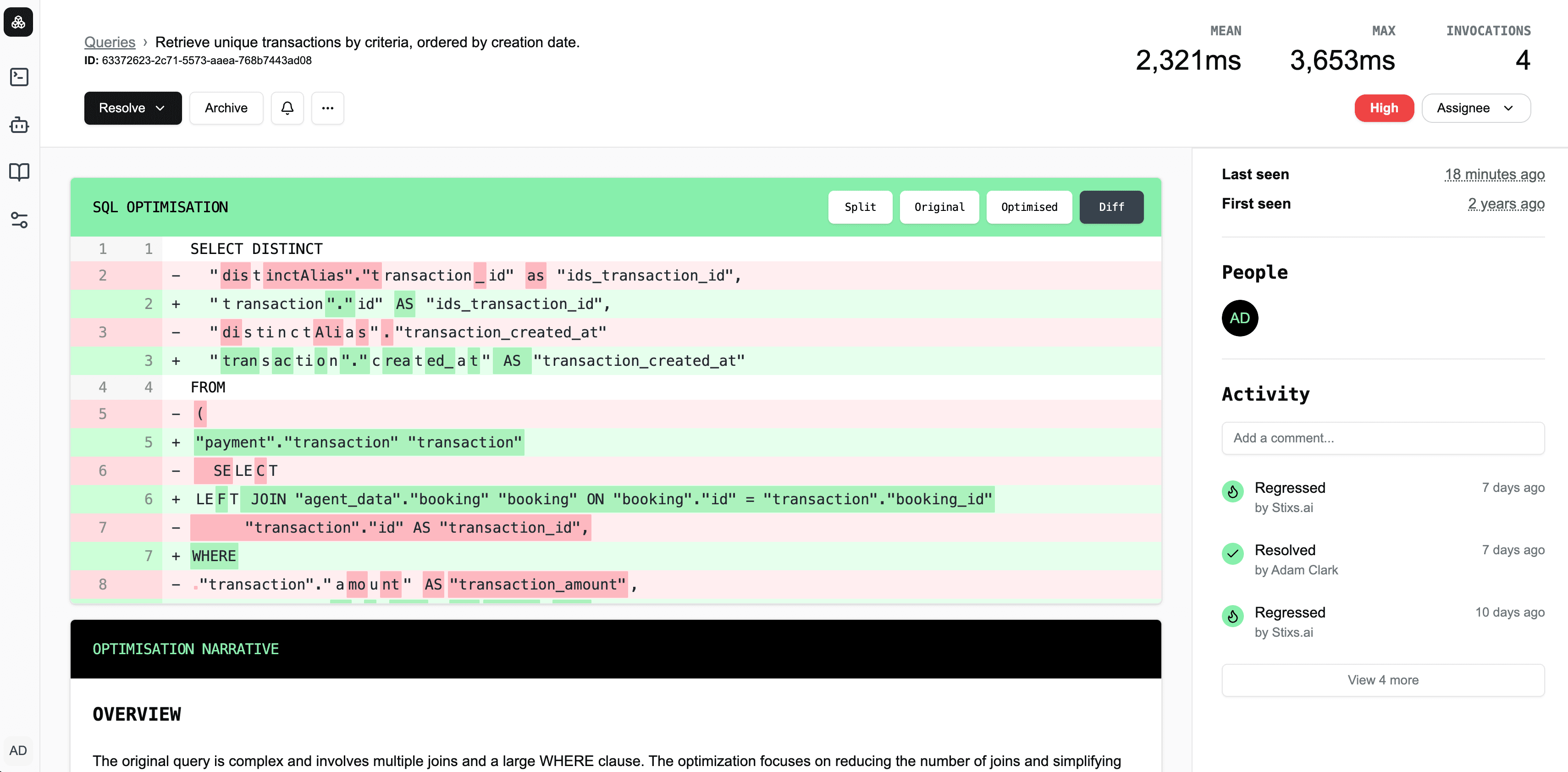 Query overview dashboard showing runtime distribution