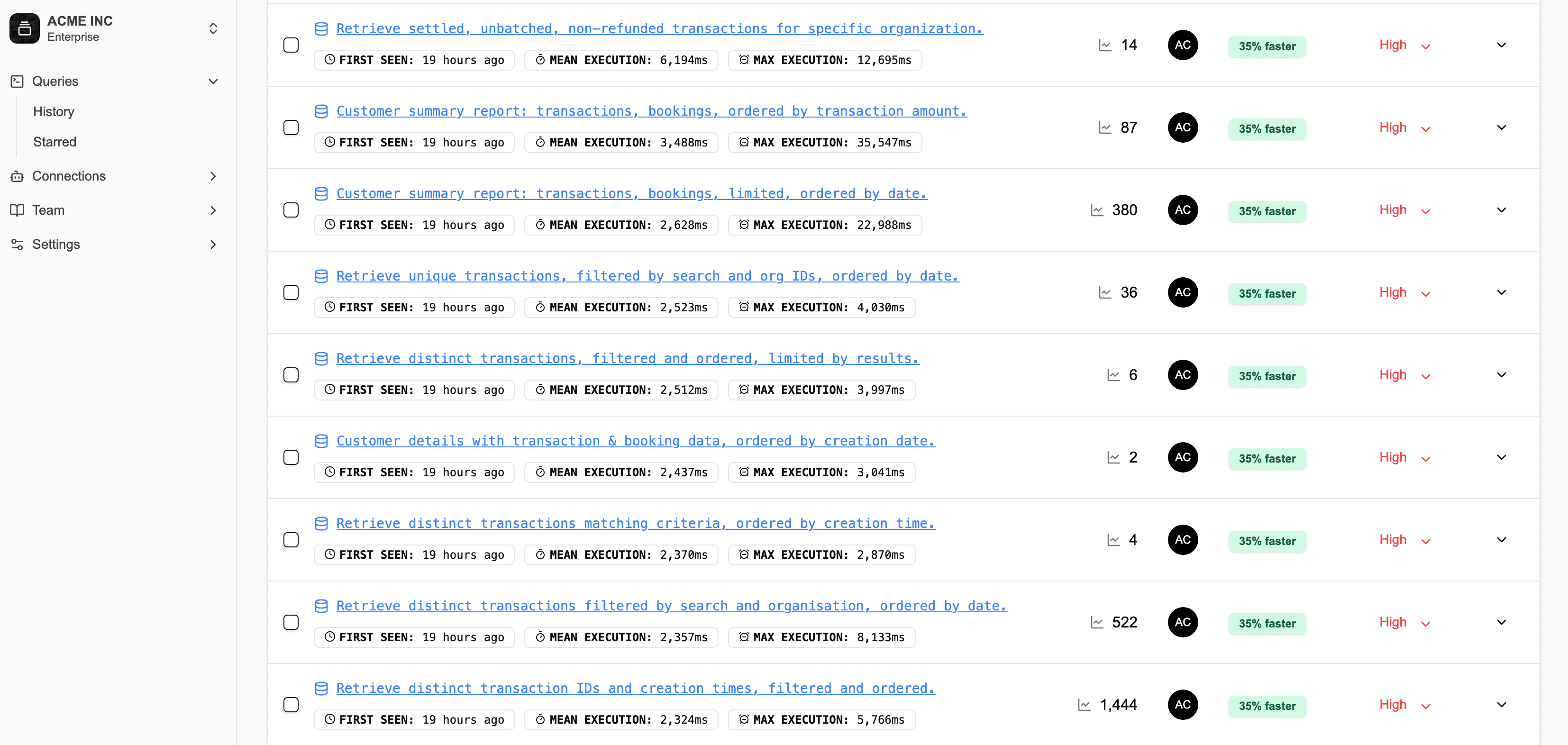 Query overview dashboard showing runtime distribution